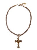 Collana con catena tubolare e croce pendente in ottone dorato