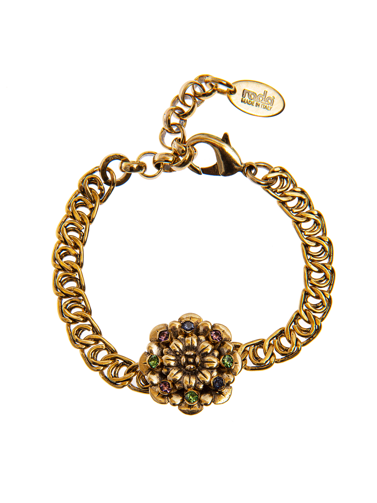 Chain bracelet with central flower embellished with multicolor stones