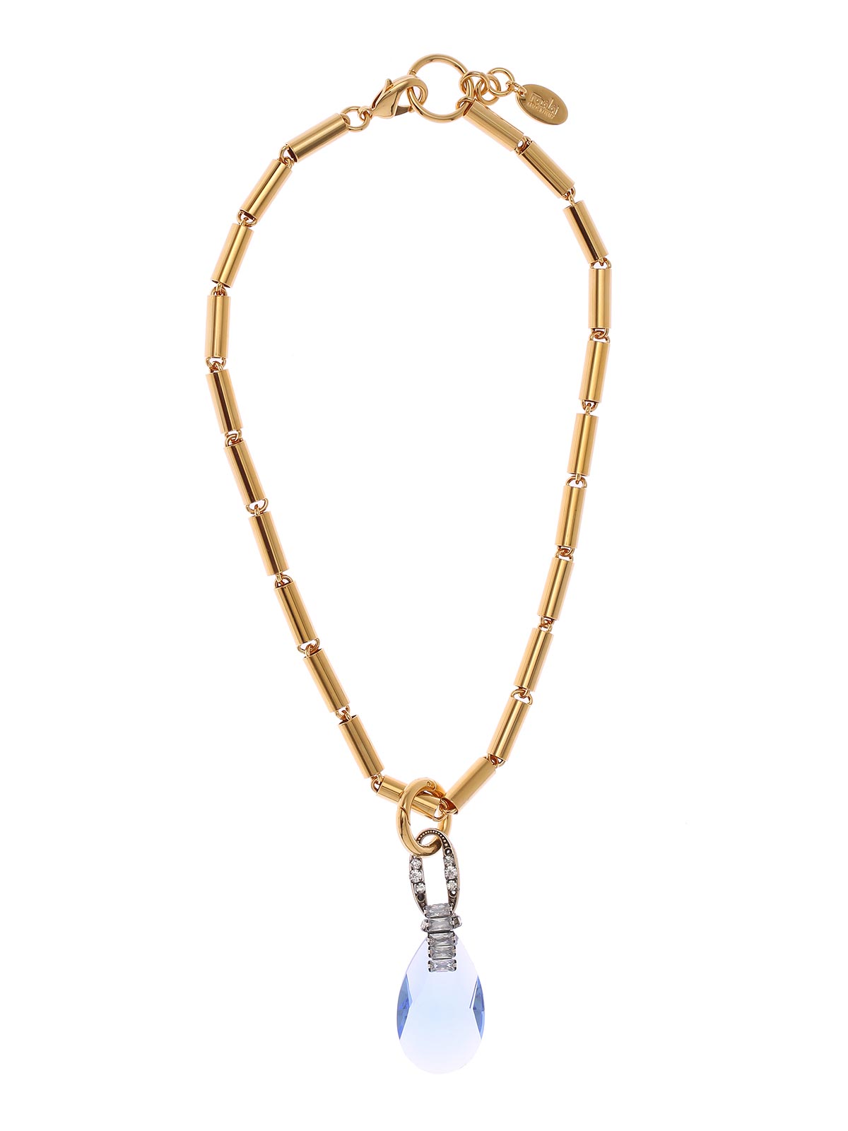  Brass necklace with metal tubes and jewel pendant