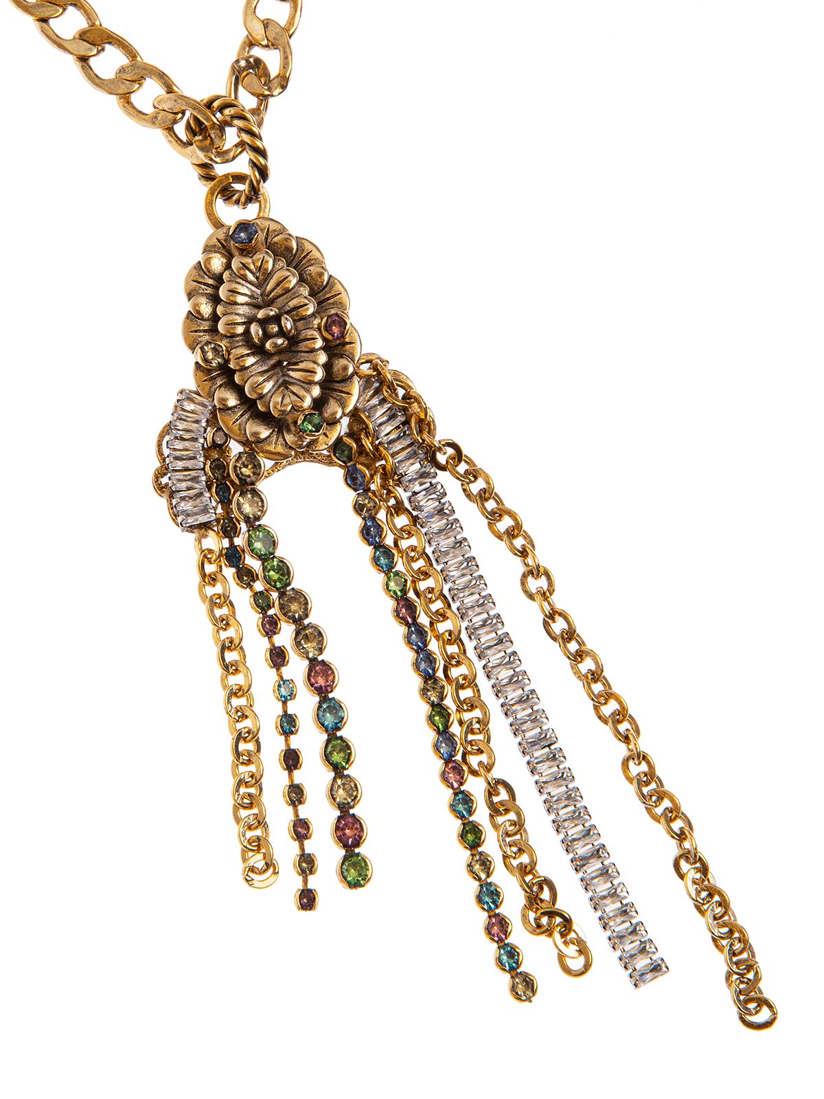 Chain necklace with central flower embellished with stones and chain cascade