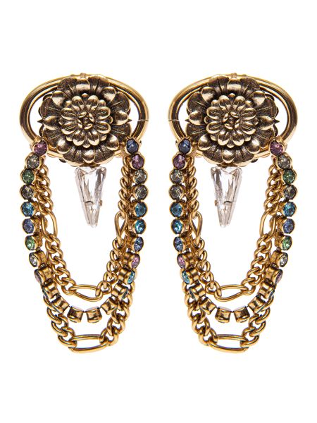 Flower earrings with chain cascade and multicolor stones