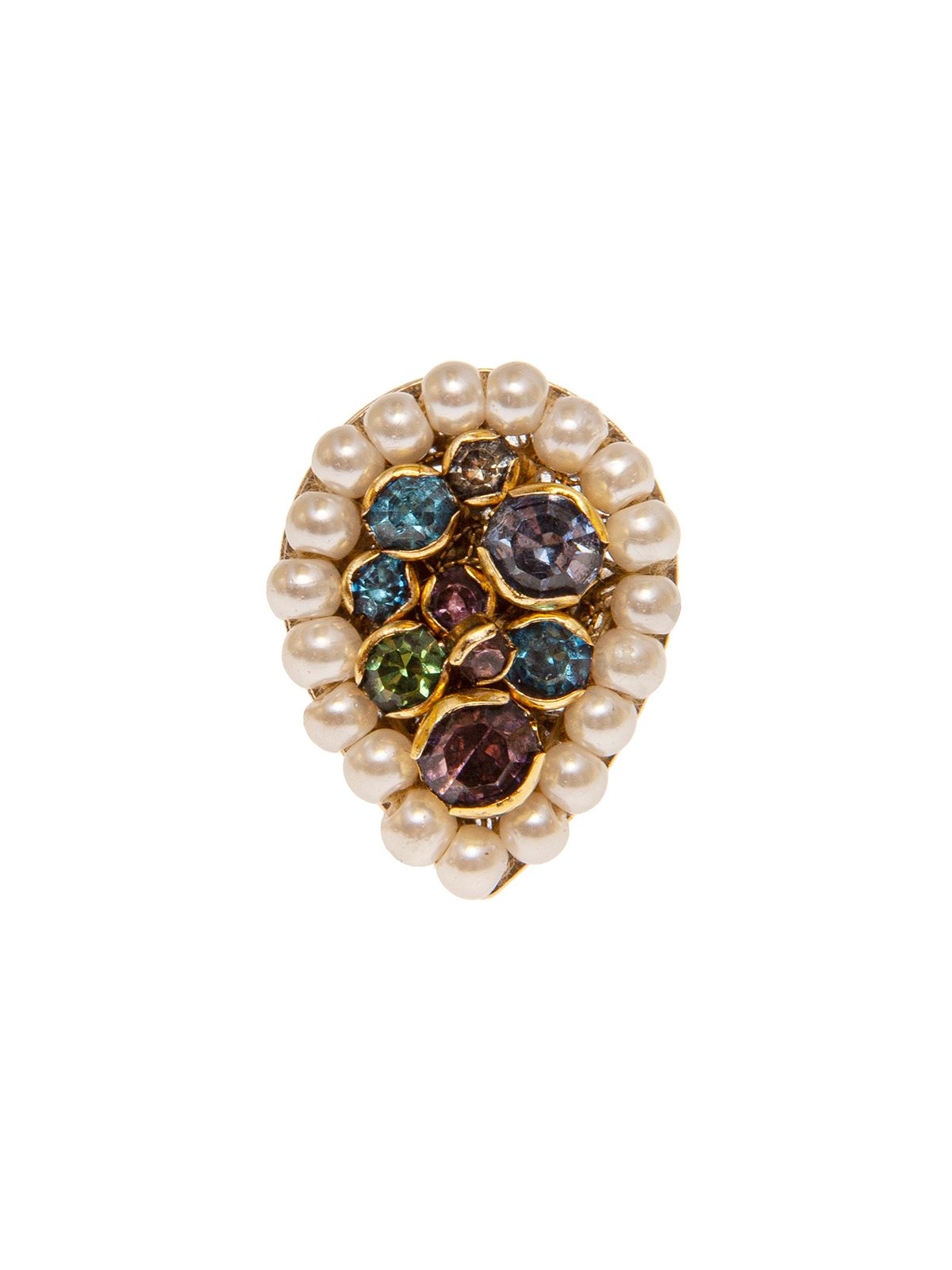 Drop shaped  ring embellished with small pearls and multicolor stones