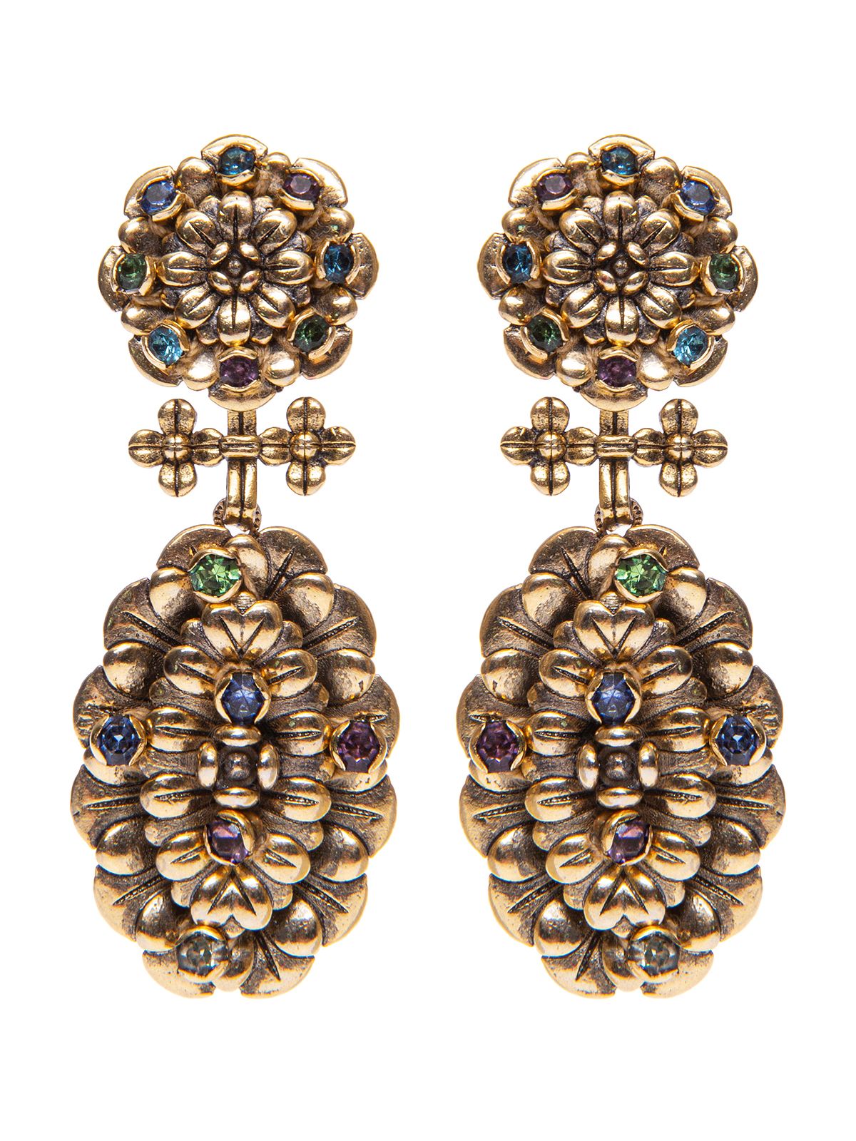Pendent flower earrings embellished with multicolor stones 