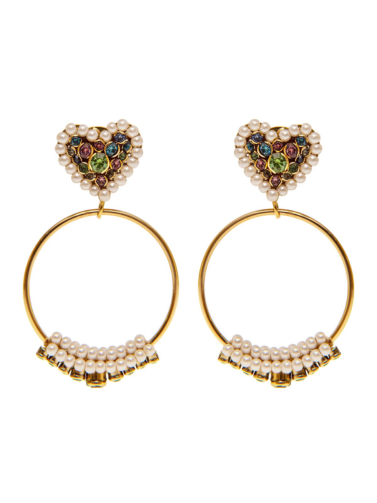 Multicolor heart earrings embellished with beaded hoops