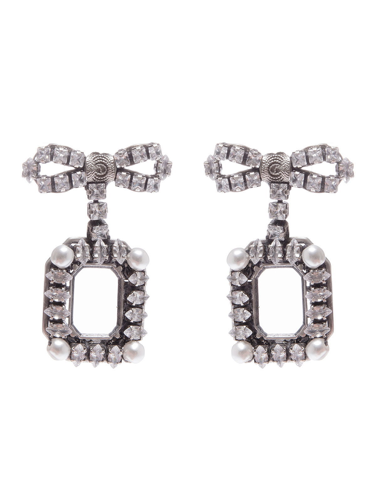 Crystal bow earrings with pendent octagons embellished with crystals and pearls
