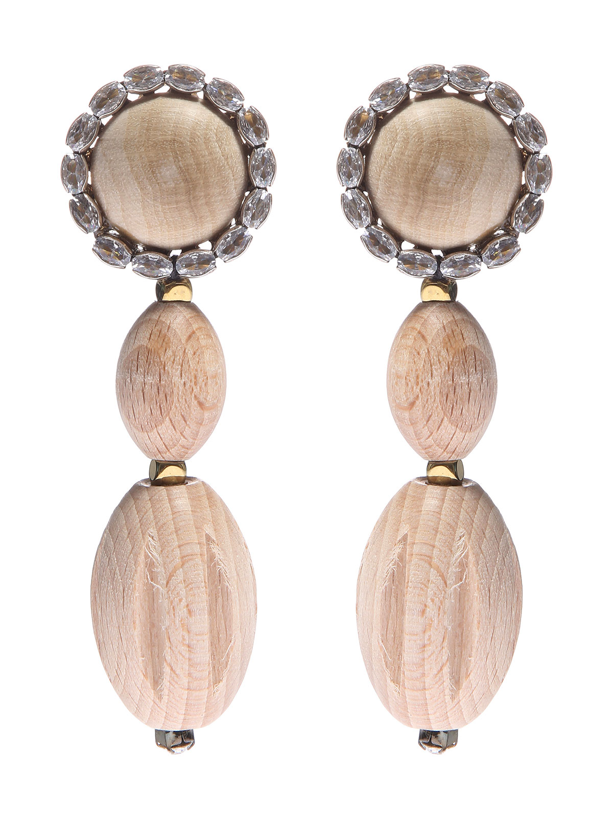 Wood cabochon earrings with crystals and pendent wood elements 