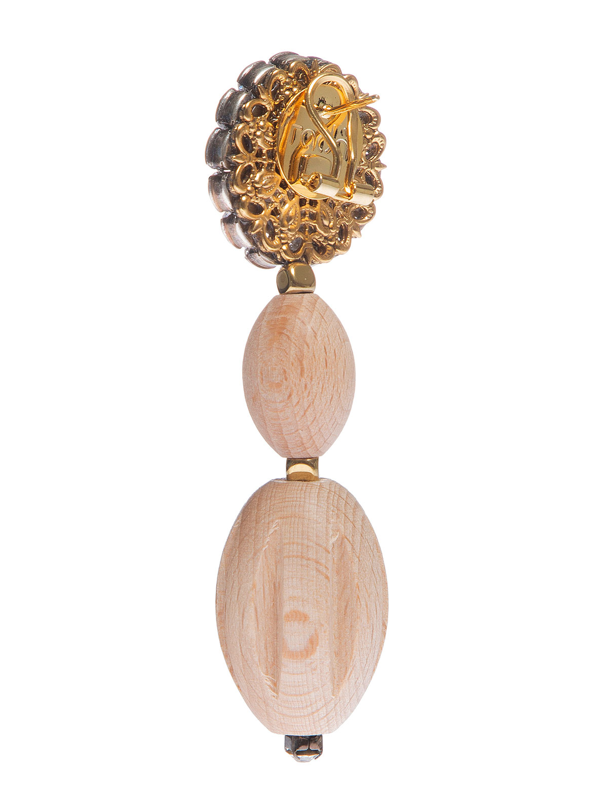 Wood cabochon earrings with crystals and pendent wood elements 