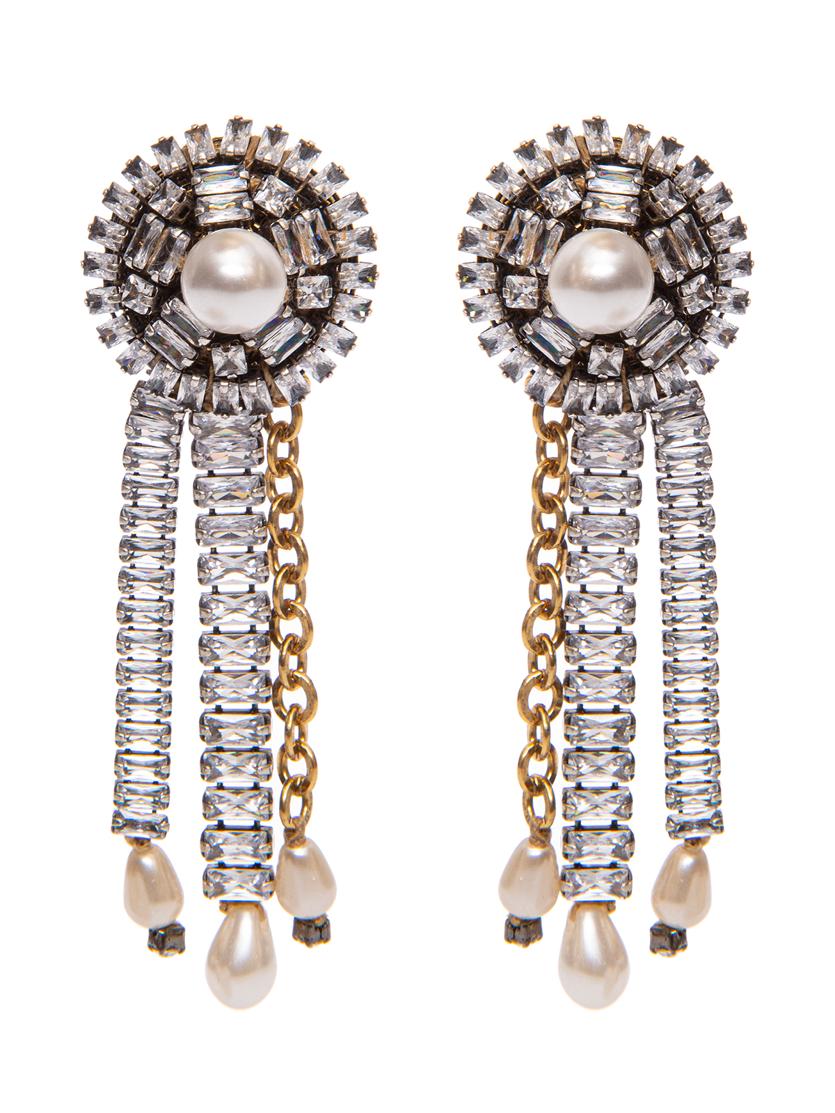Button earrings with crystal and chain cascade