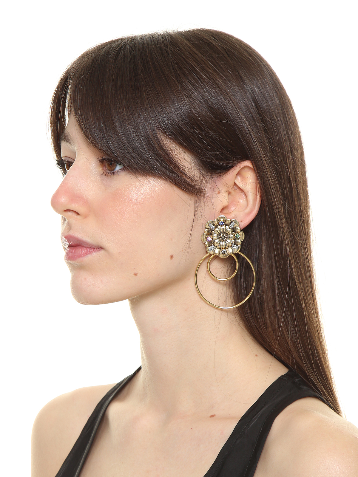Flower earrings with double hoops and multicolor stones
