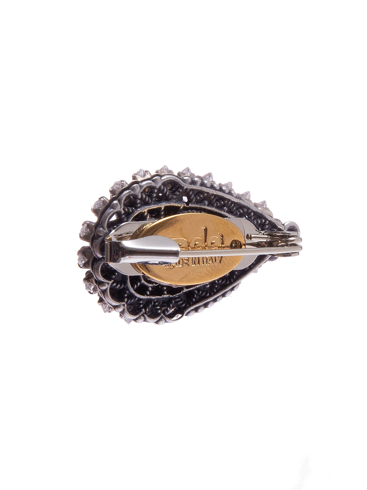 Crystal drop brooch embellished with central pearl