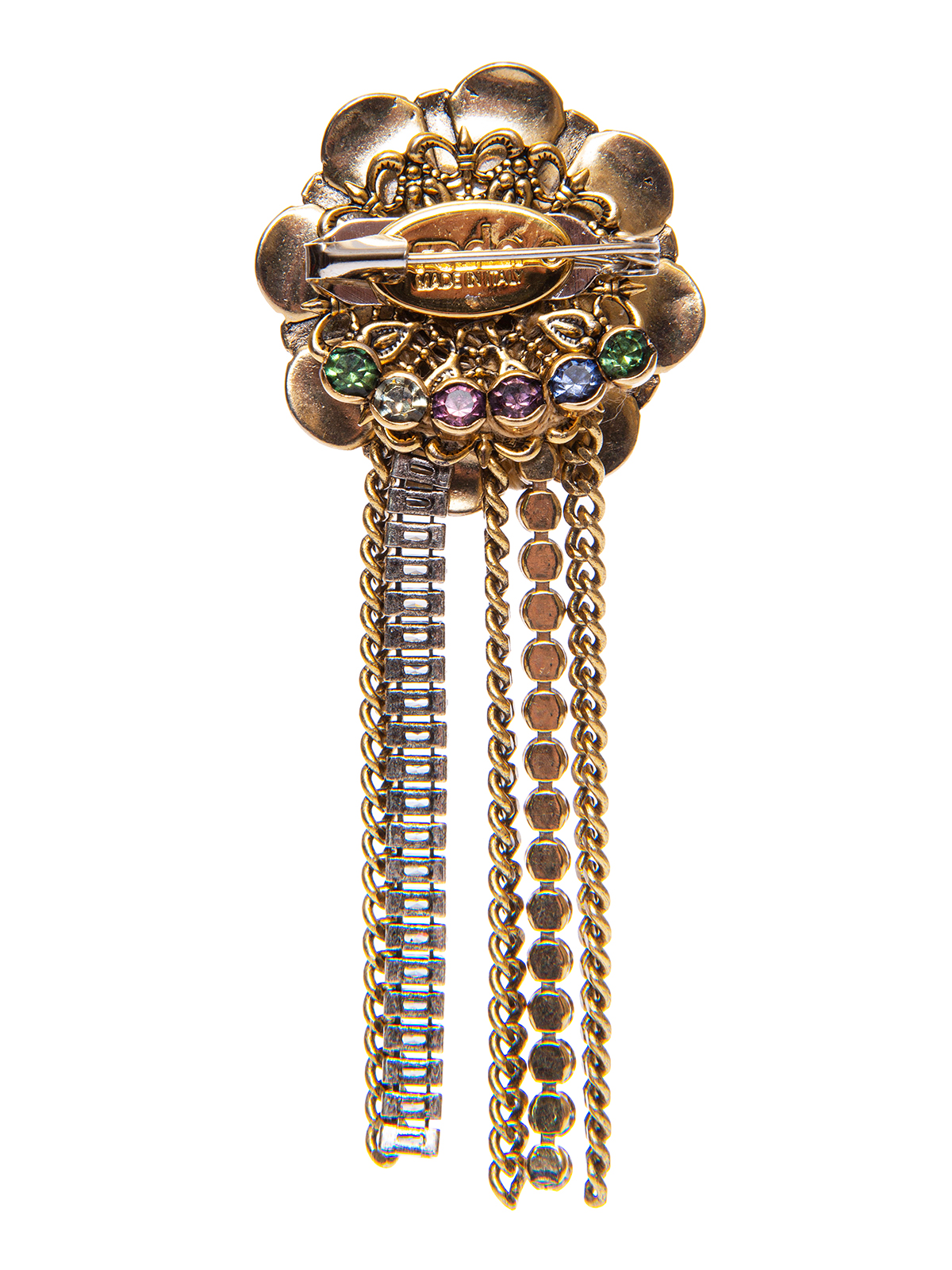 Flower brooch with chain cascade and multicolor stones 