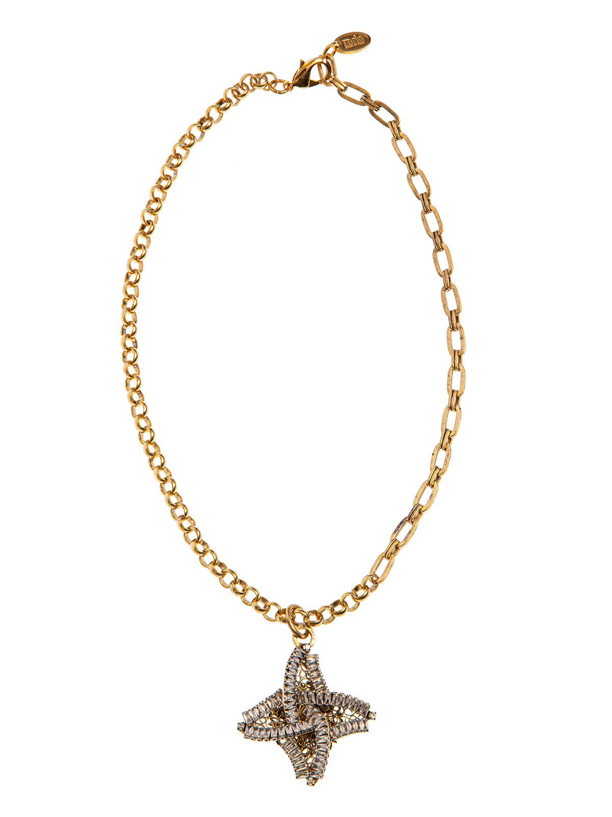 Mixed chain necklace with  jewel helix-shaped charm embroidered with stones