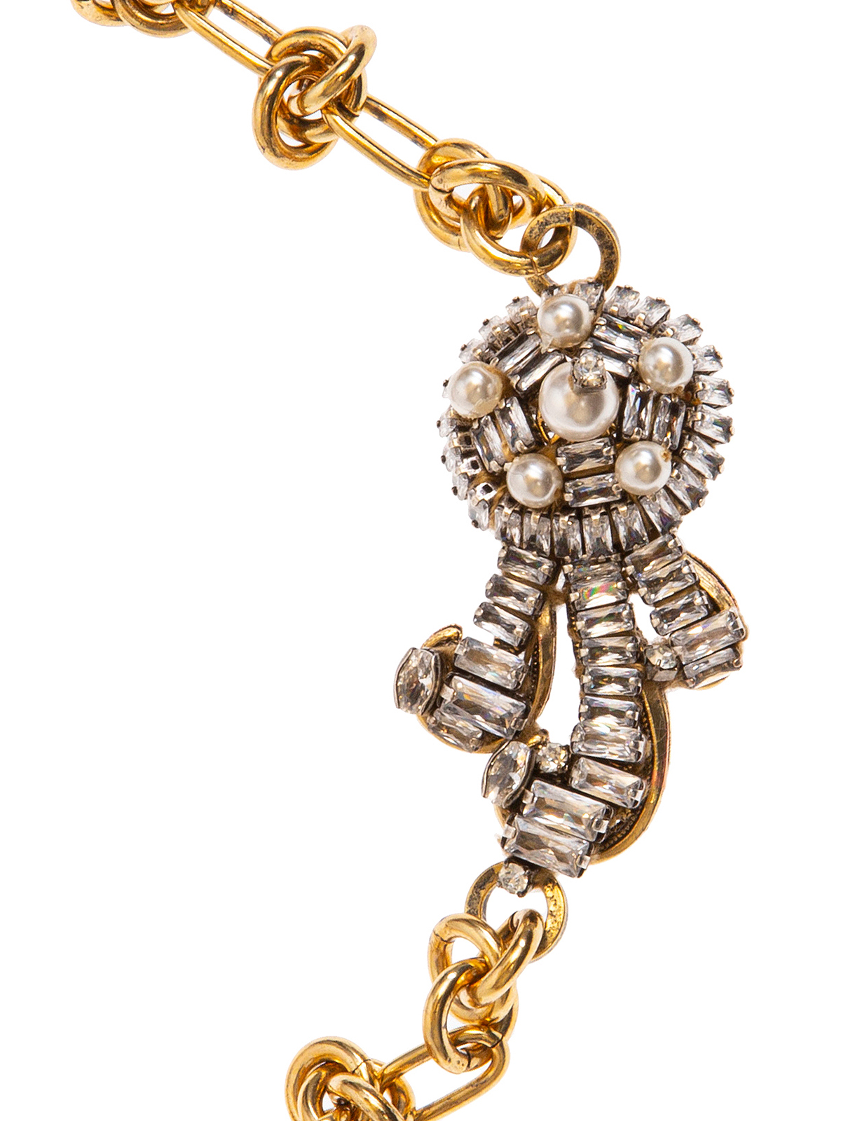 Collana  di catena e bottone ricamato con baguettes e perle
