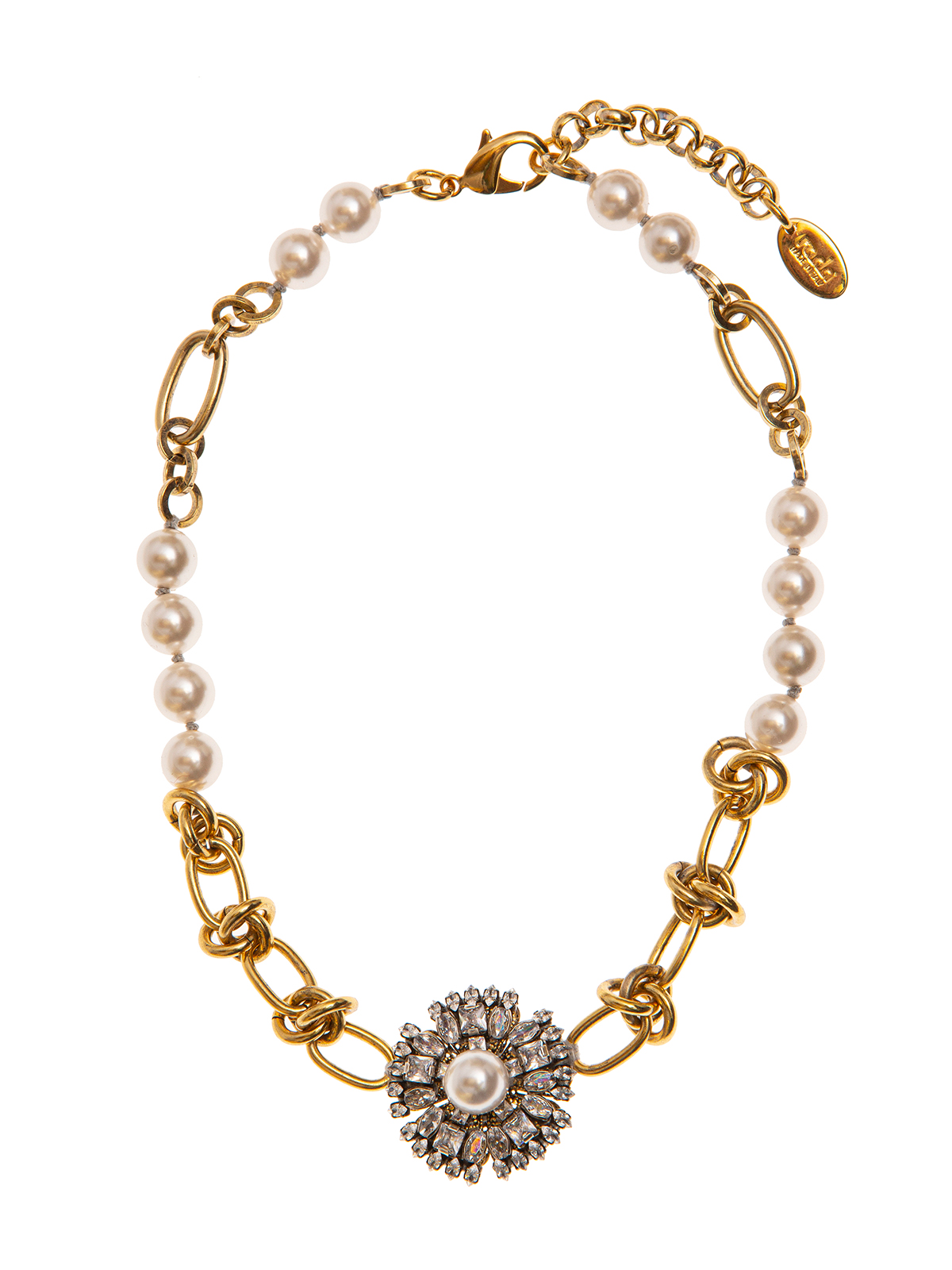 Chain and pearl necklace with crystal flower and central pearl