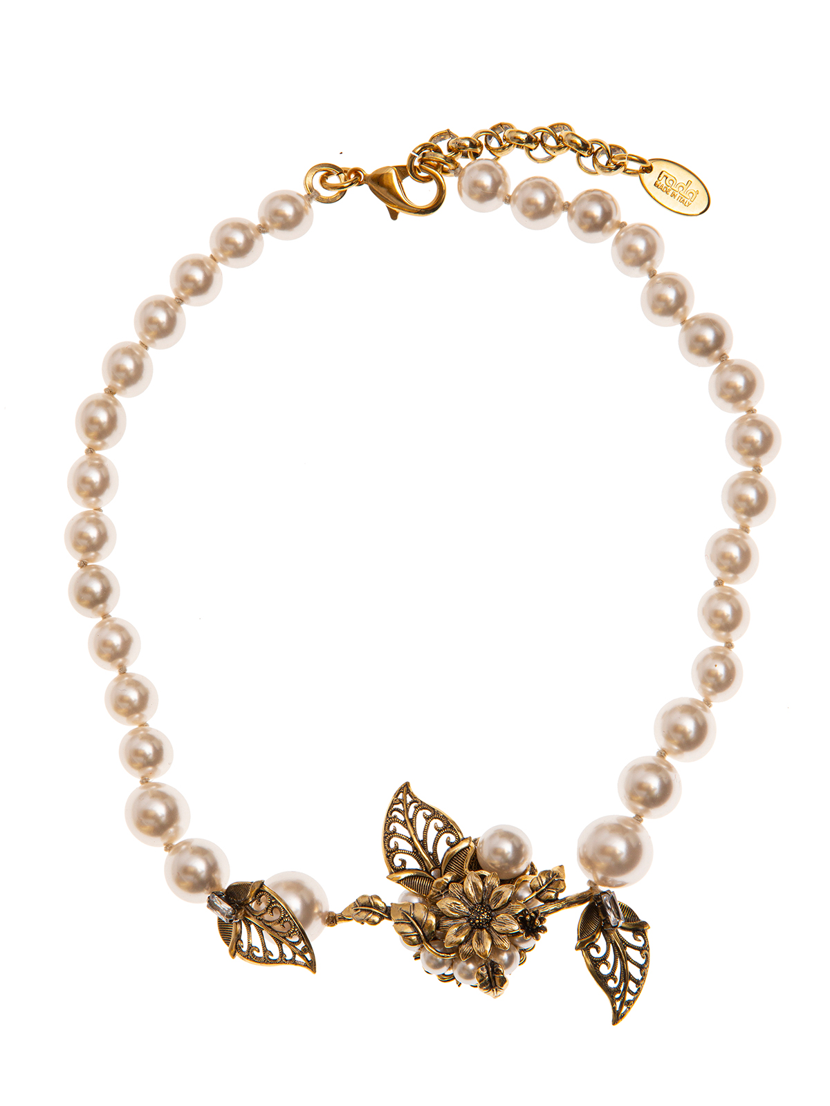 Pearl necklace with central brass flower decoration