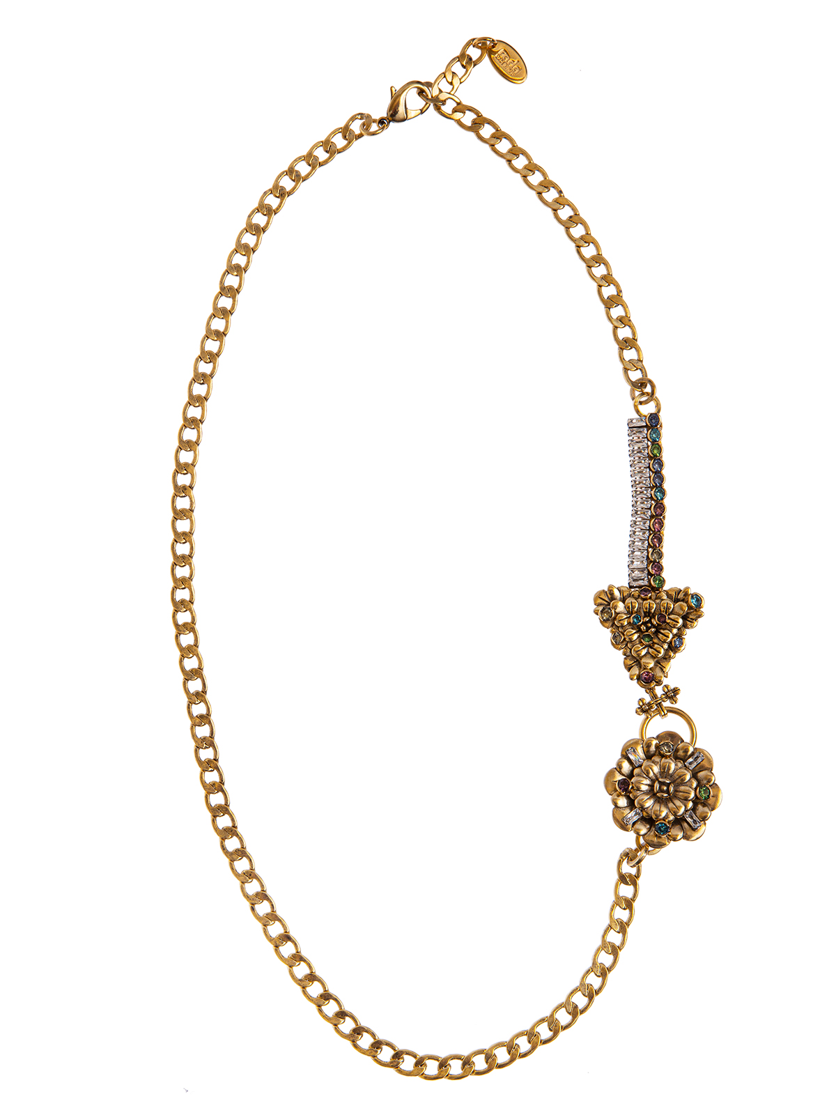 Long chain necklace with flowers and multicolor stones 