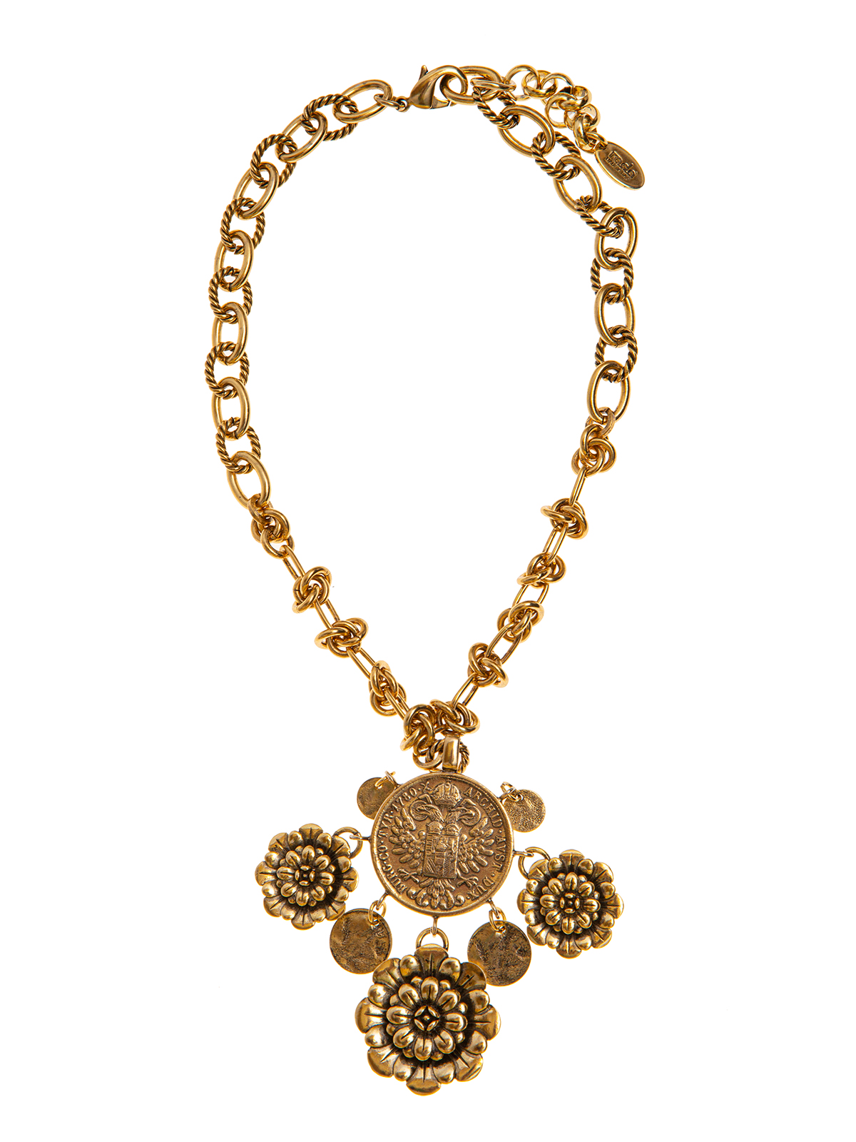 Mixed chain necklace with coin and flowers pendant