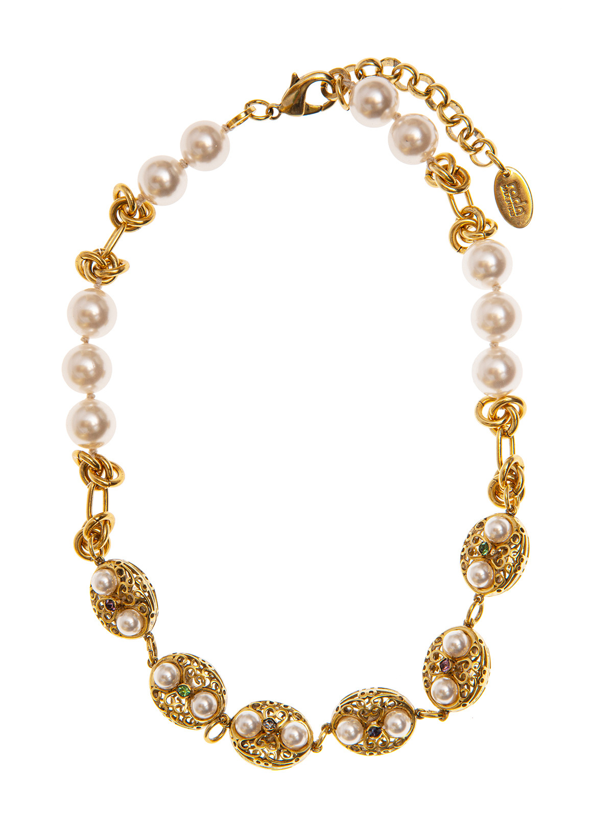 Pearl and  chain necklace embellished with filigrees and multicolor stones