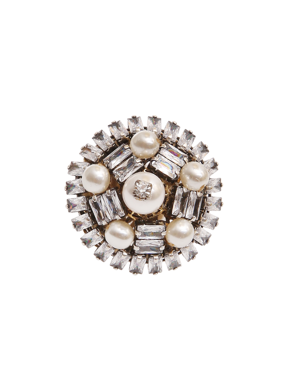 Anello bottone ricamato con baguettes e perle