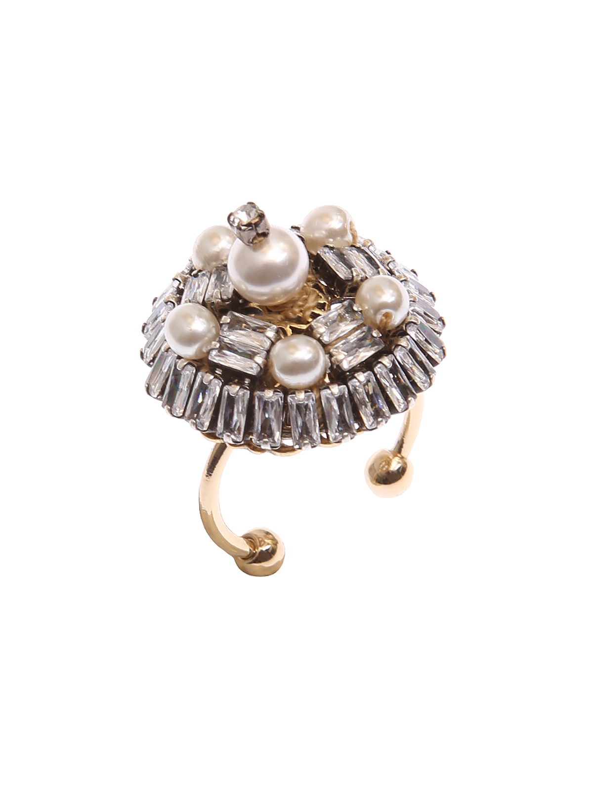 Anello bottone ricamato con baguettes e perle