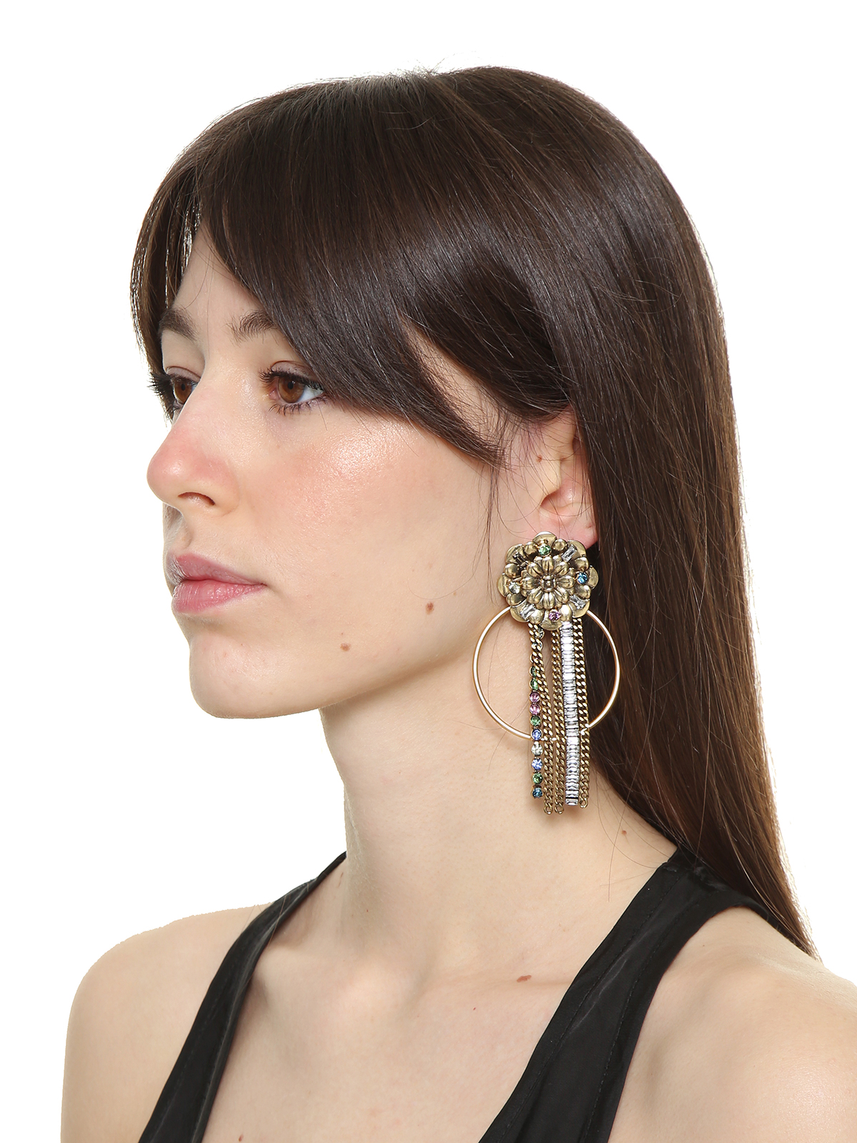 Flower earrings with chain cascade and hoop pendant