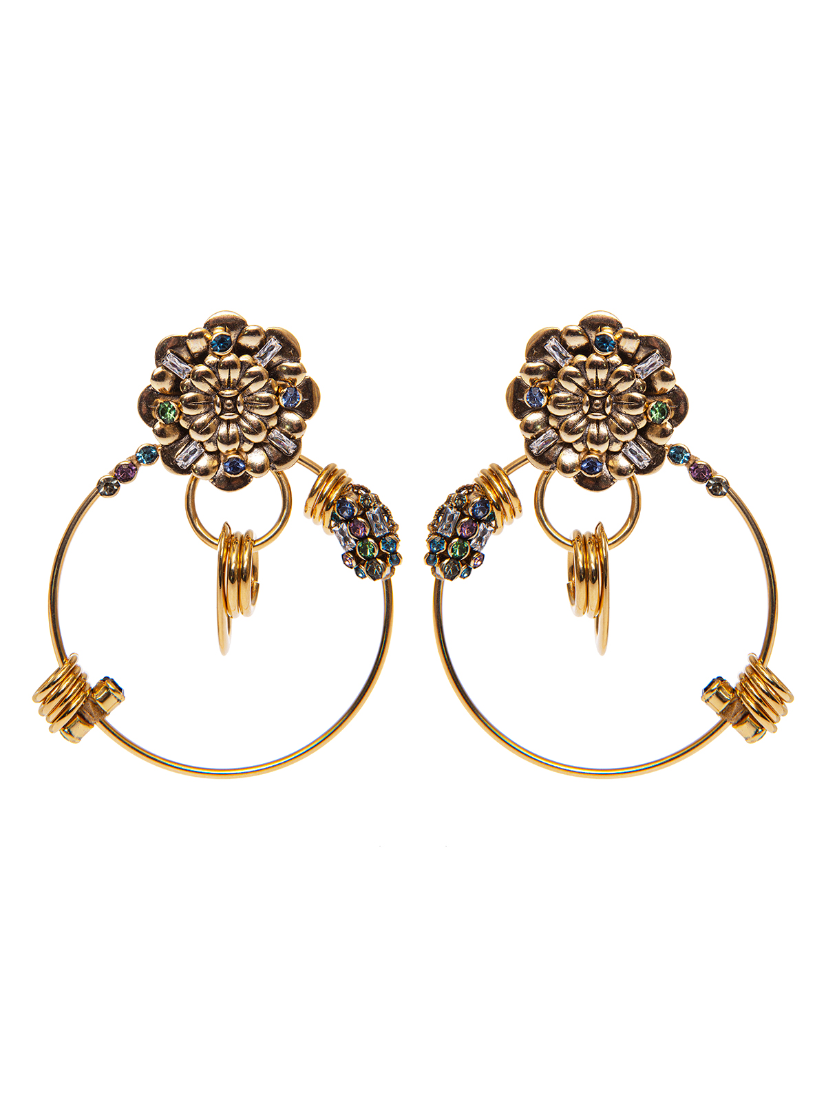 Flower earrings with multicolor stones and pendent hoops