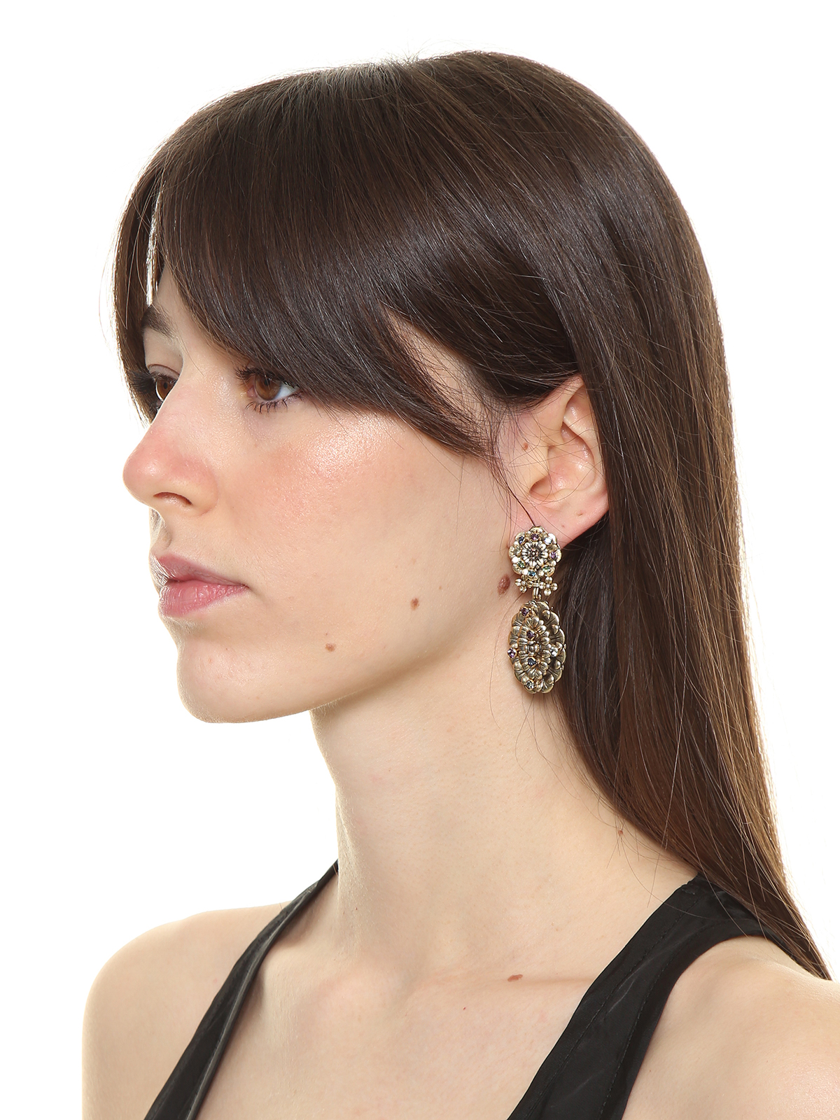 Pendent flower earrings embellished with multicolor stones 