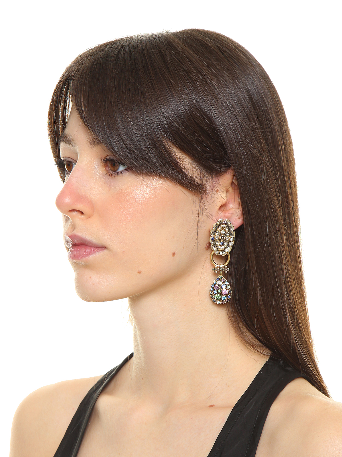 Pendent flower earrings with drop embellished with multicolor stones 