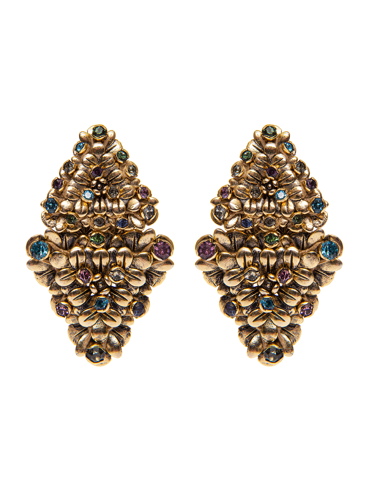 Triangular flower earrings embellished with multicolor stones 
