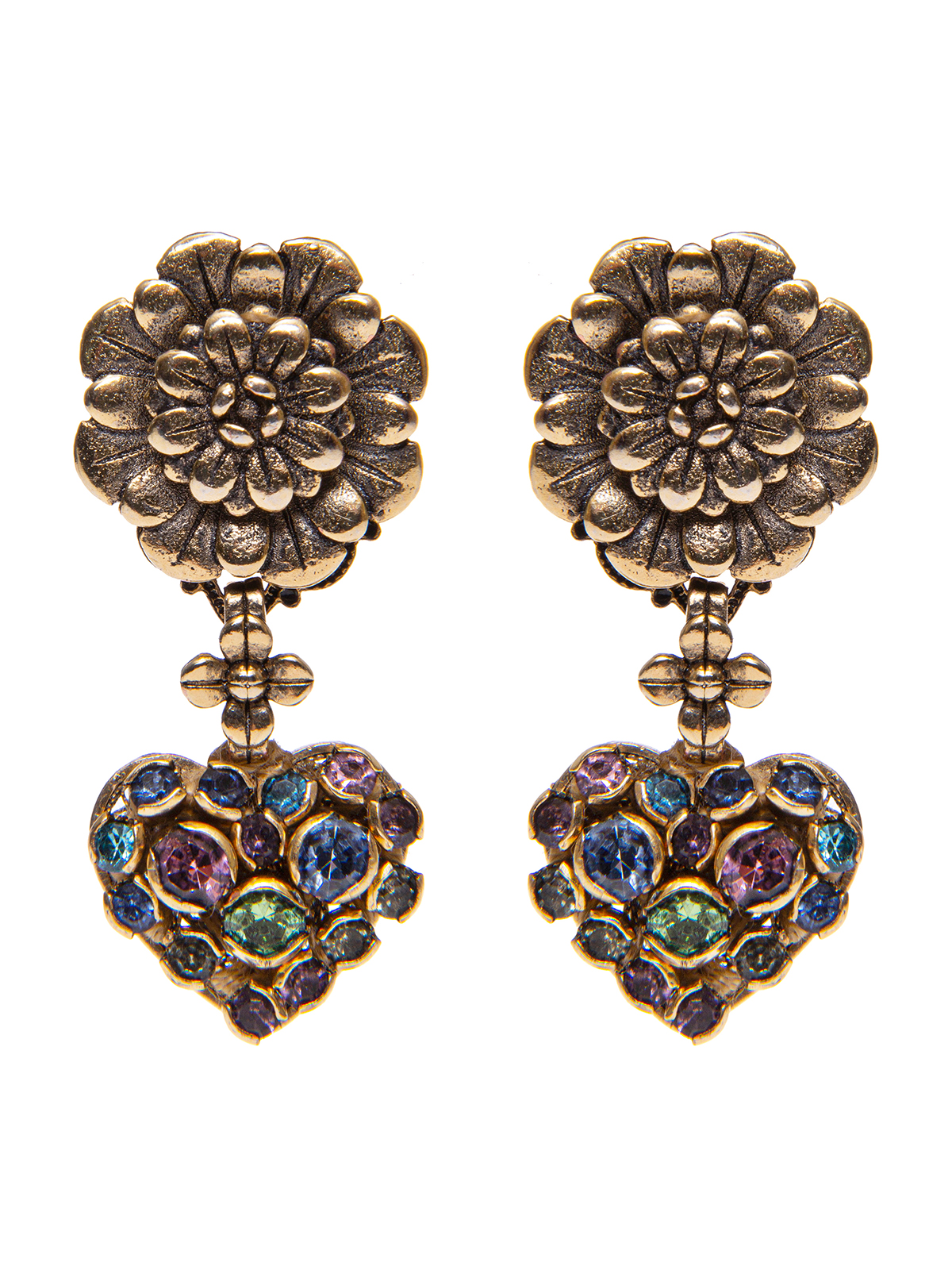 Flower earrings with pendent hearts embellished with multicolor stones 