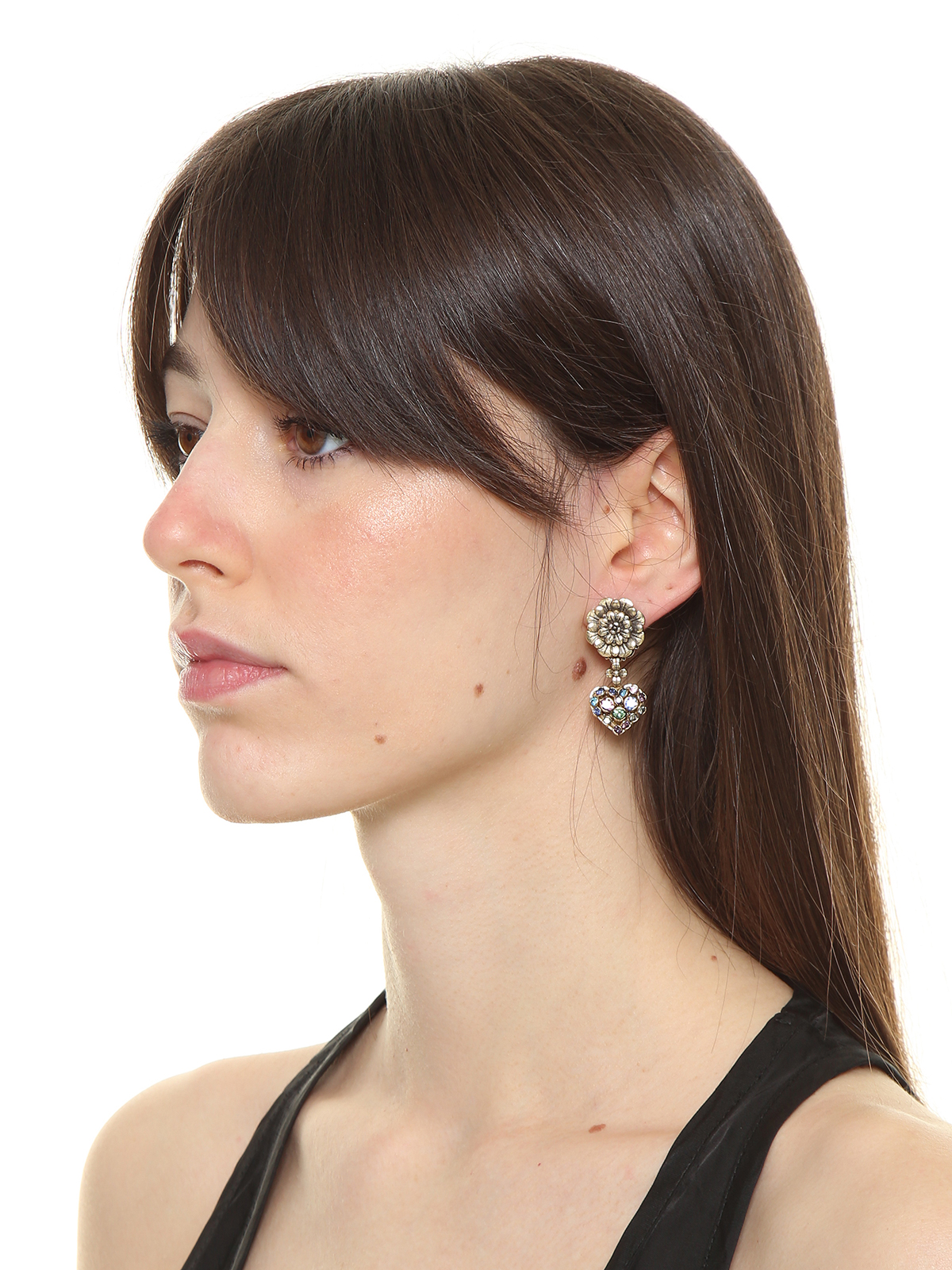 Flower earrings with pendent hearts embellished with multicolor stones 