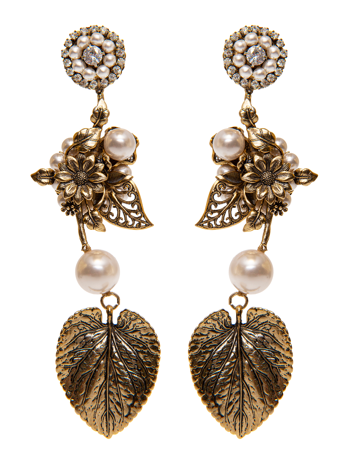 Pendent flower earrings with crystal and pearl embroidery