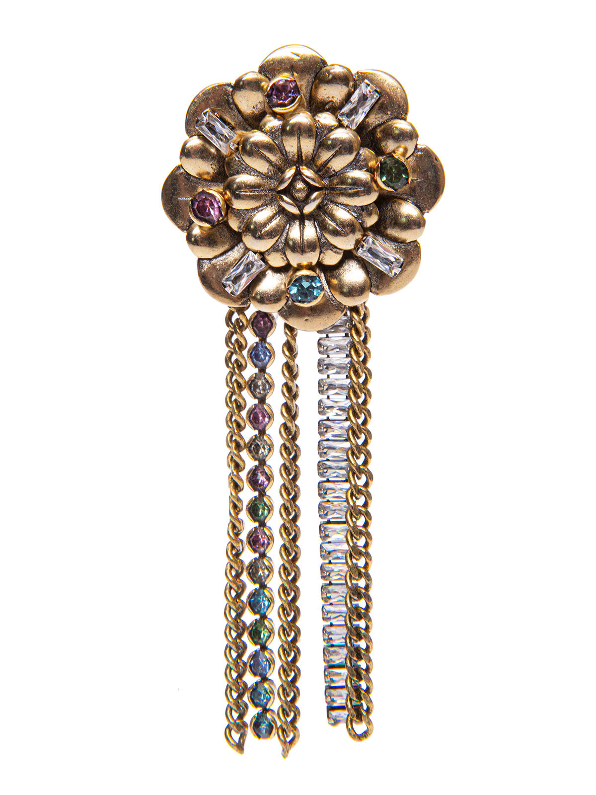 Flower brooch with chain cascade and multicolor stones 