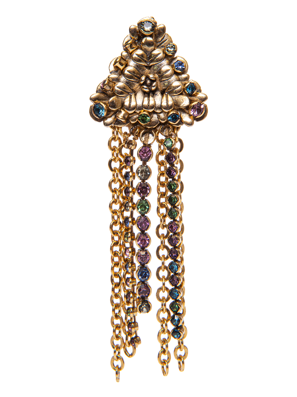 Triangular flower brooch with chain cascade and multicolor stones 